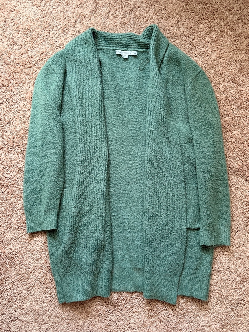 Green Open-Front Bouclé Cardigan Sweater